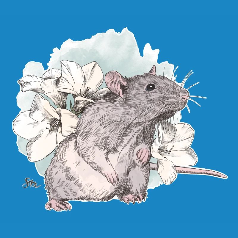 Rat devant de délicates fleurs sur une masse aquarelle