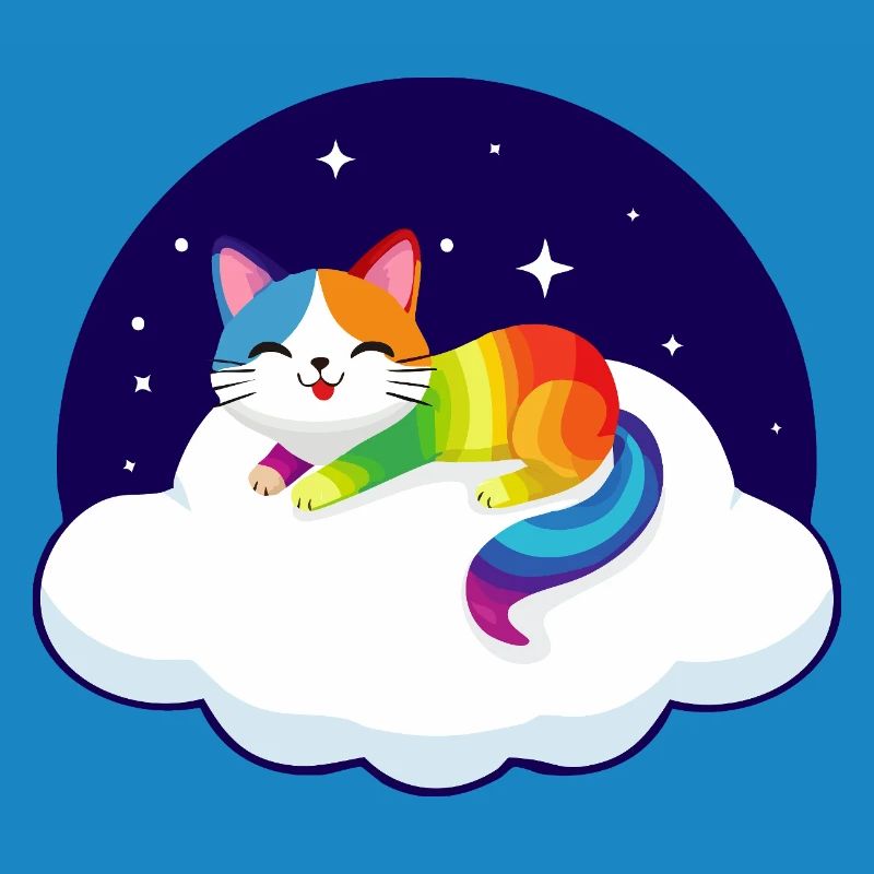 Motley cat floats on cloud (night)