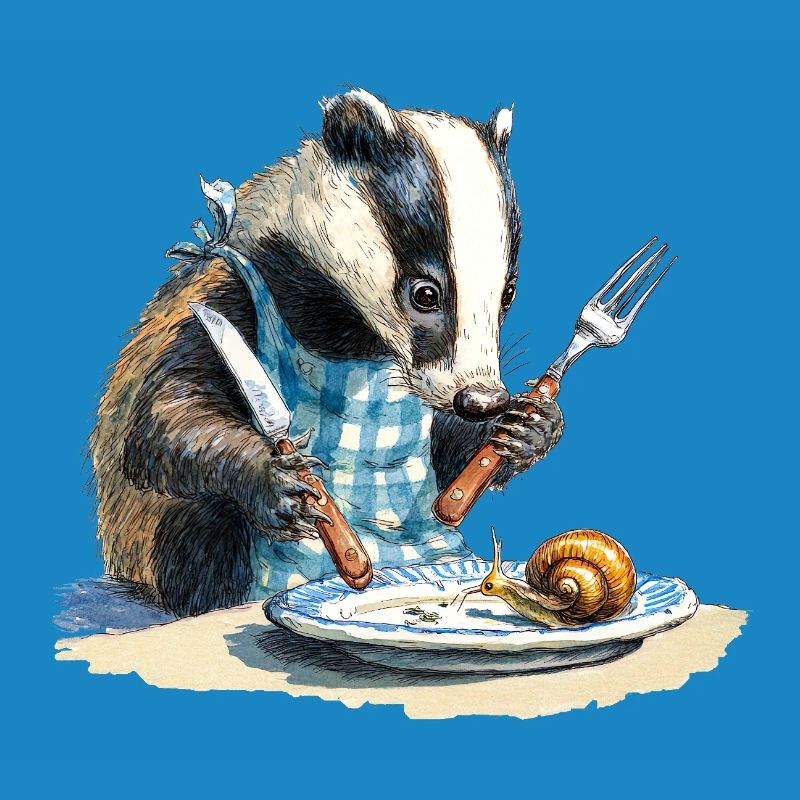 Badger at the table with snail