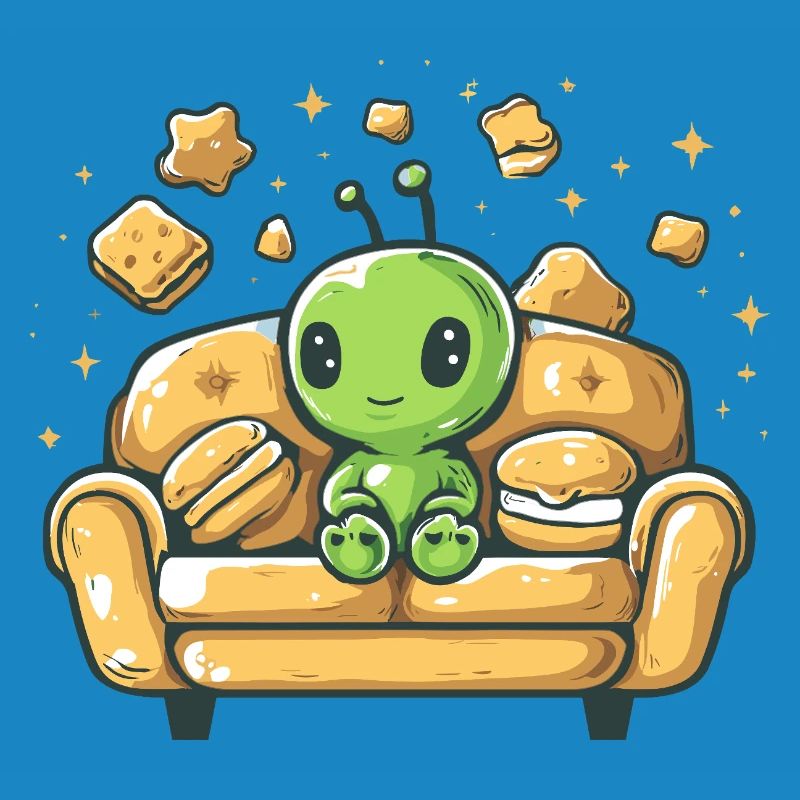 Cuddly alien on sunny sofa