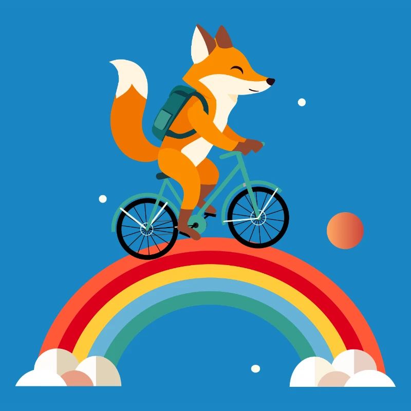 Cheerful fox on bicycle over rainbow