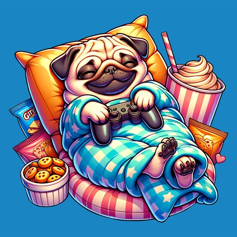 Relaxed Gaming Pug with Snacks