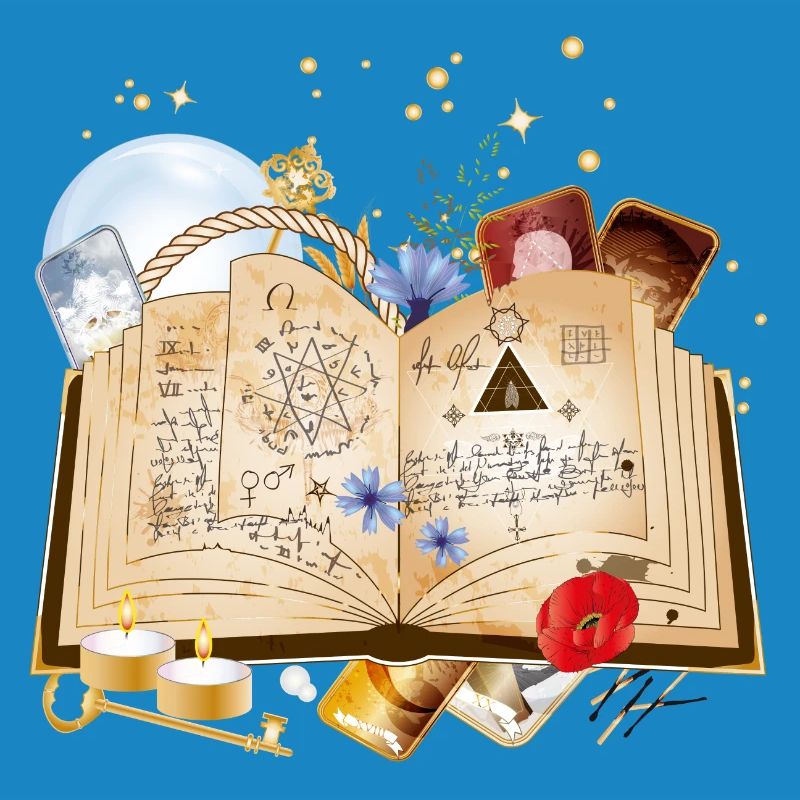 old book with spells & magic accessories