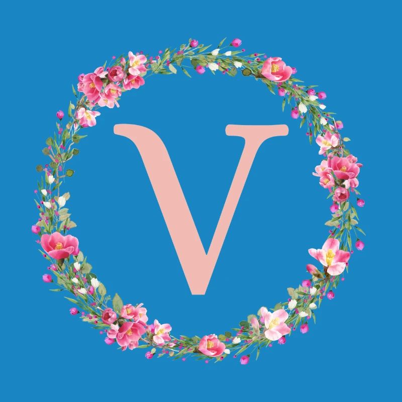 V Monogram, Flower Wreath, Personalizable