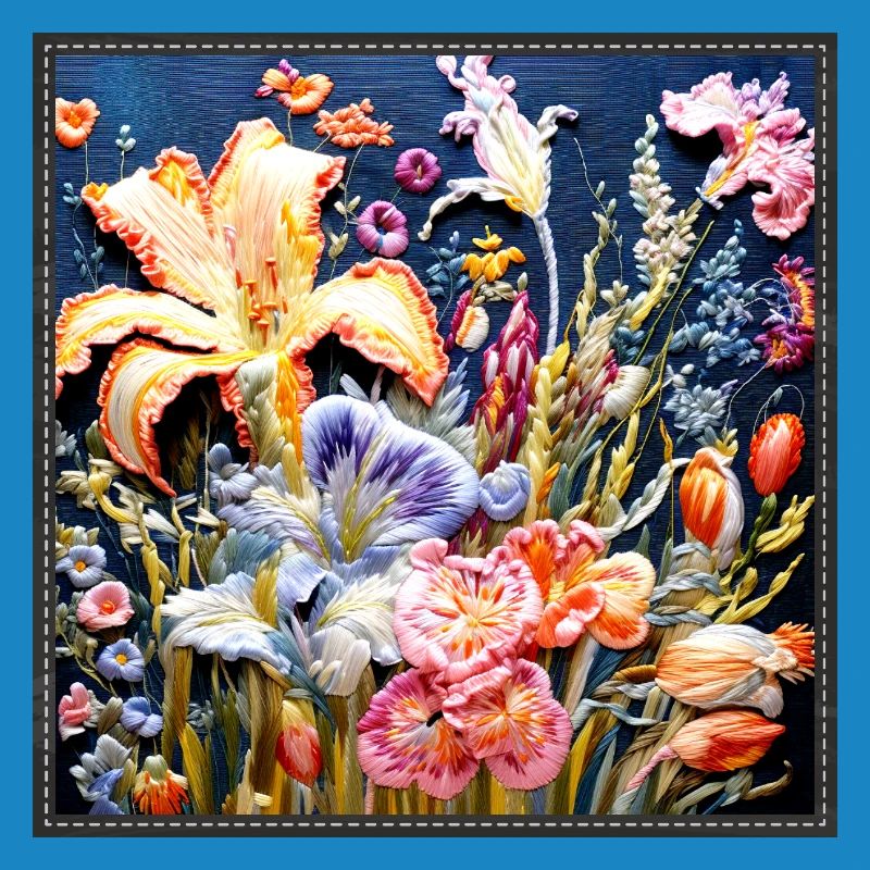 Floral pattern in embroidery technique on dark blue