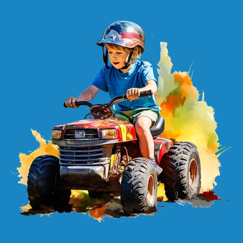 Junge auf Spielzeugtraktor mit Farbspritzer