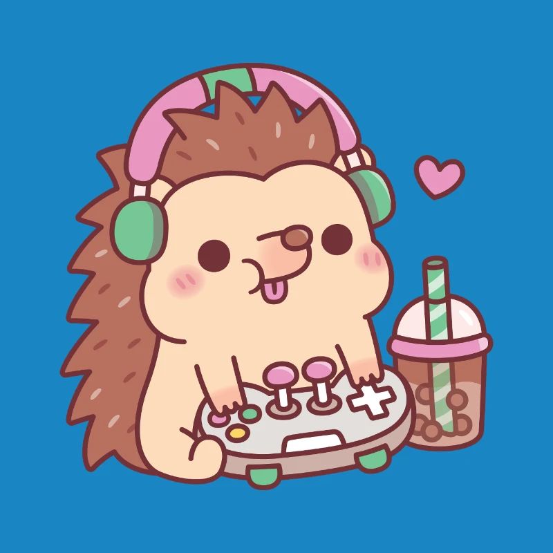 Cute Hedgehog With Game Controller And Boba Tea
