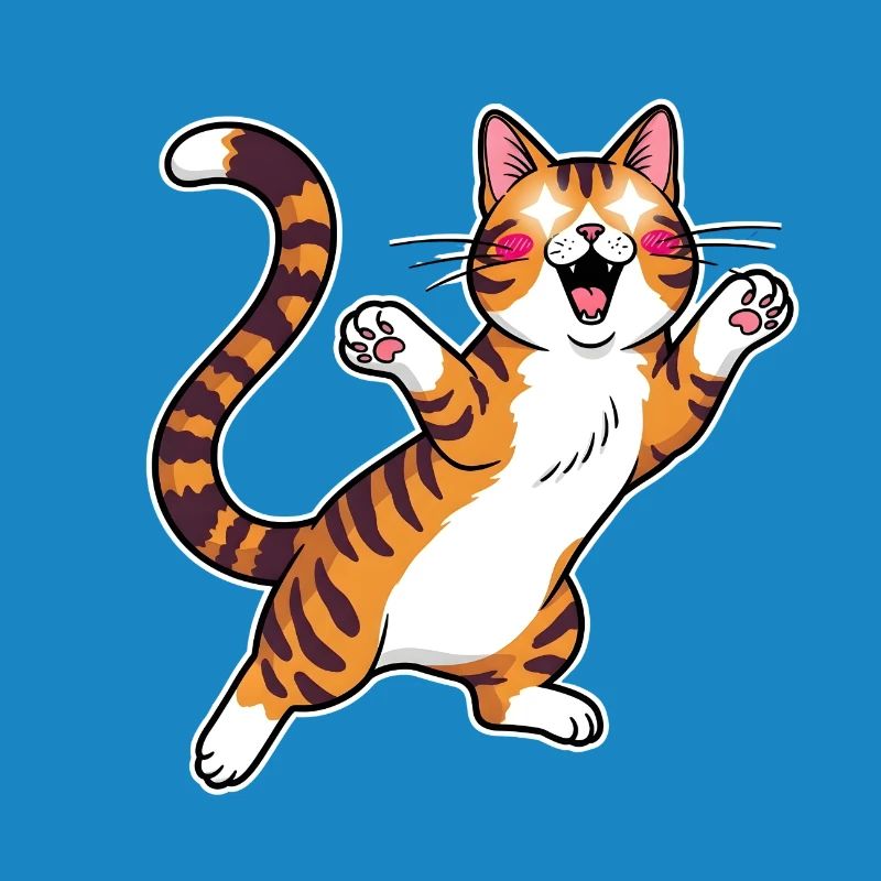 Cheerful tabby cat jumping joy