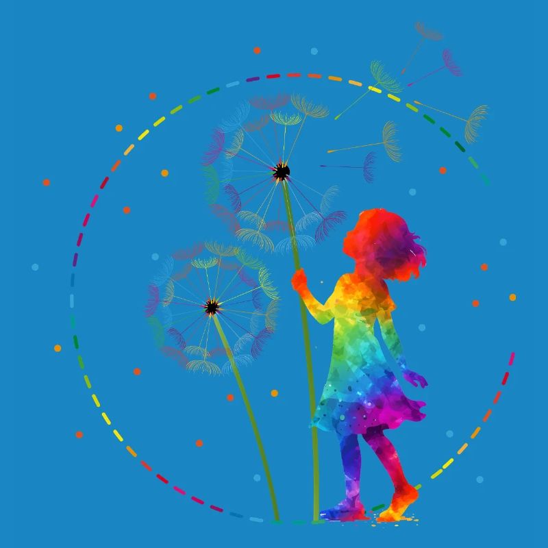 Regenbogen Mädchen mit Pusteblume
