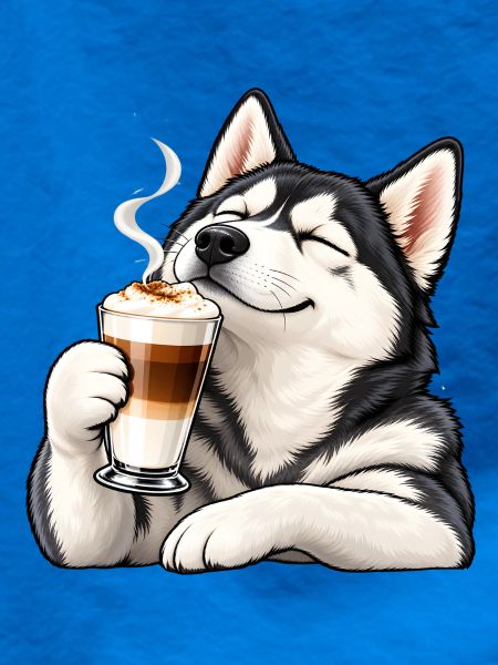 Husky mit Latte Macchiato – Kaffeepause