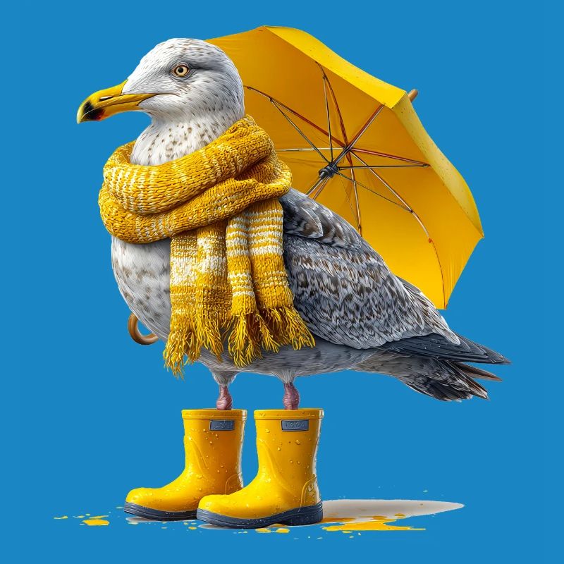 Seemöwe mit Gelbem Regenschirm und Boots