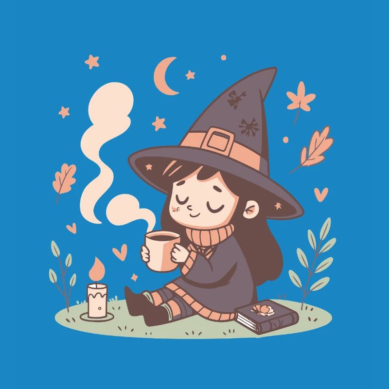 Cozy witch and steaming cup