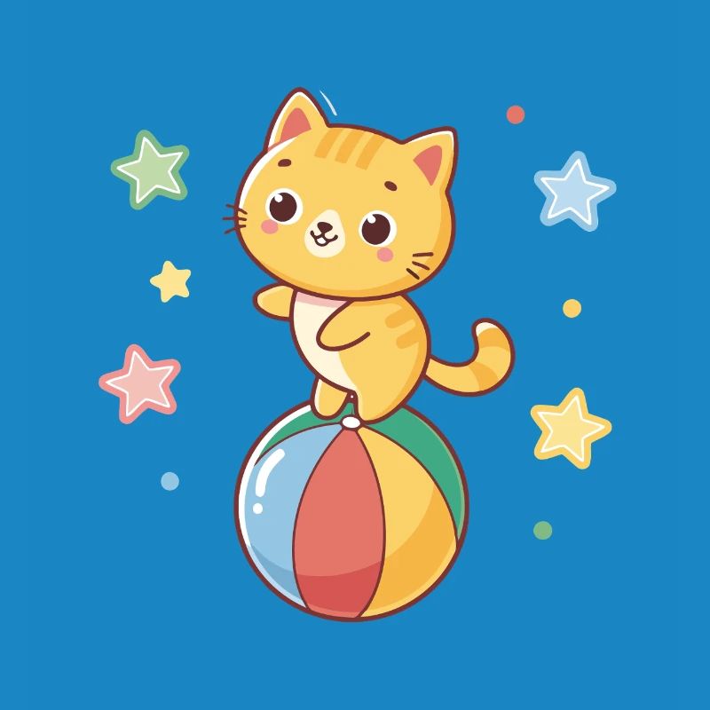 Cute kitten acrobat on a rainbow ball