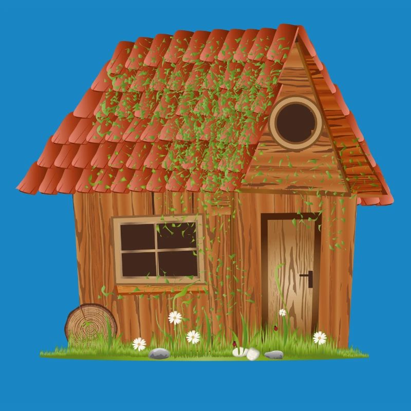 small windswept rustic hut
