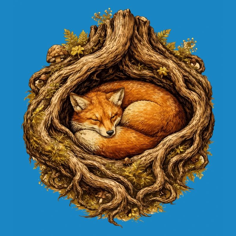 Sleeping fox in the root structure – forest motif
