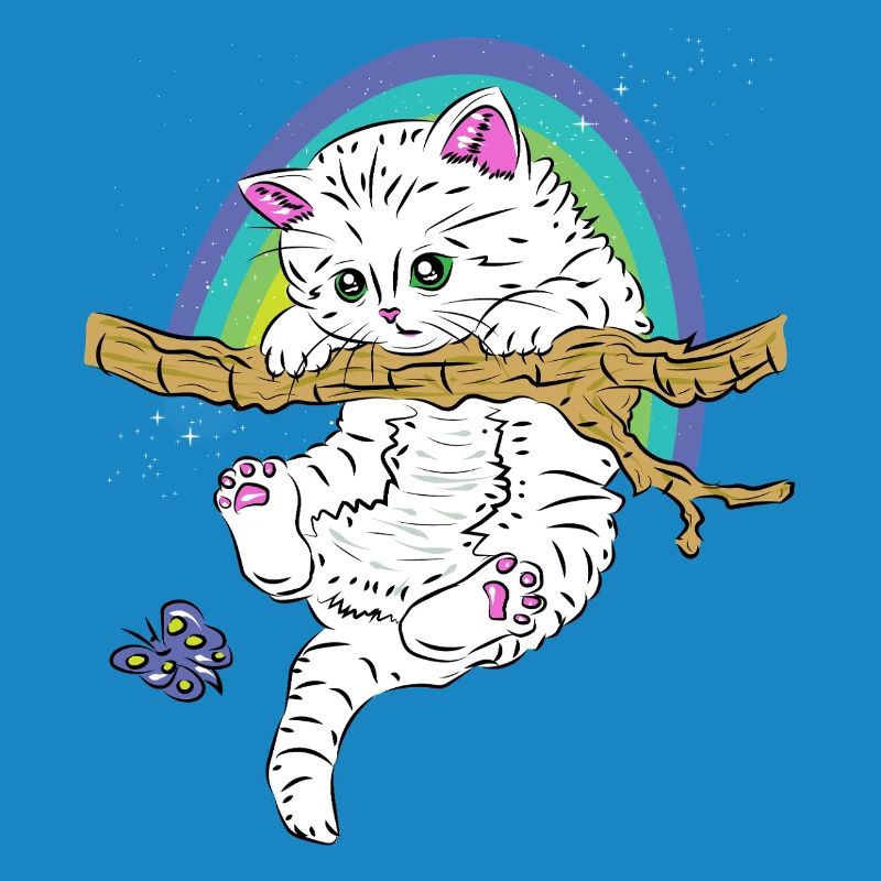 Chat sur branche joue avec un papillon