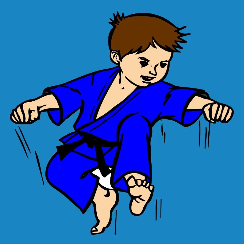 Blauer Anzug Karatekind oder Judokind mit schwarzem Gürtel