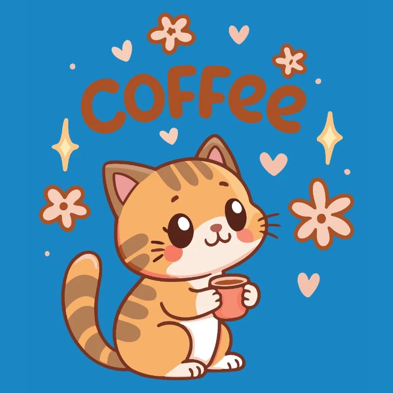 Chat café mignon et fleurs