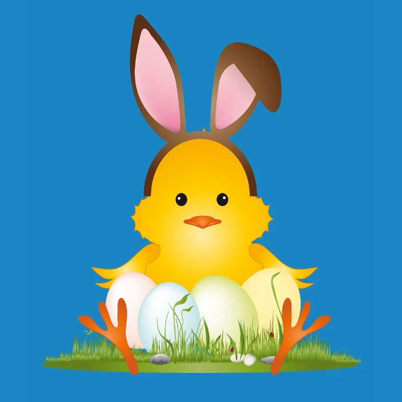 Cute Easter chick with bunny ears & Easter eggs