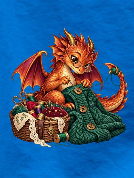 Strickender Drache mit Wolle