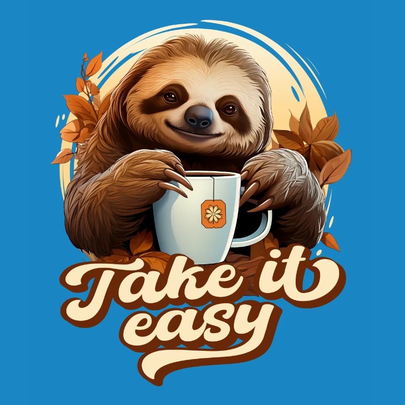 Cute Sloth Drinking Tea, Take It Easy, Saying