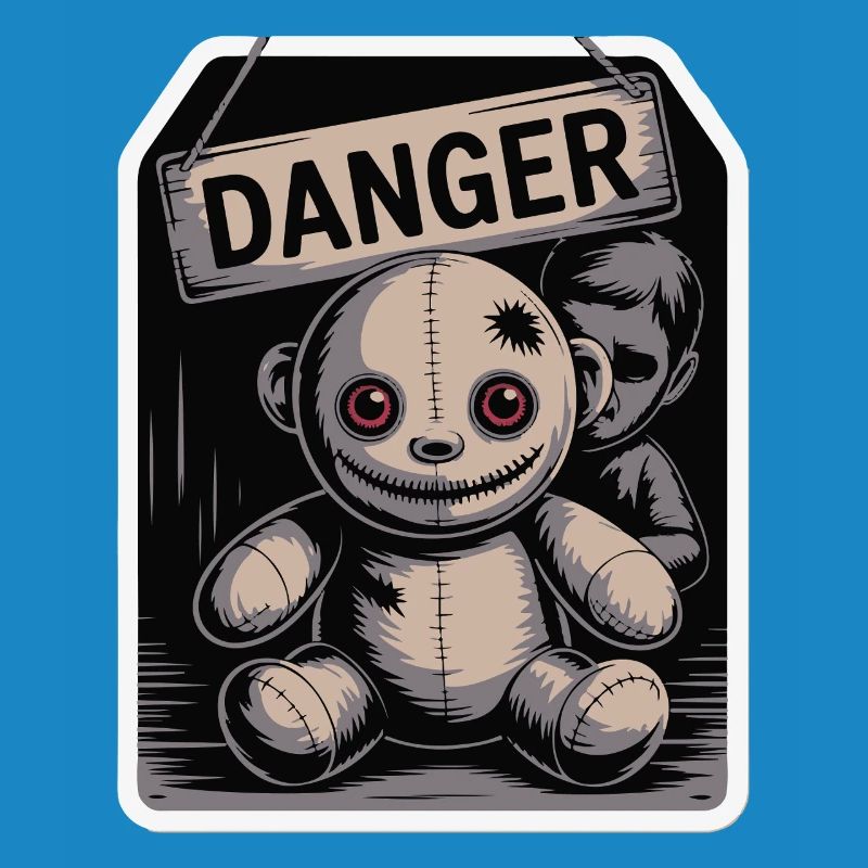 Poupée étrange avec un panneau de danger