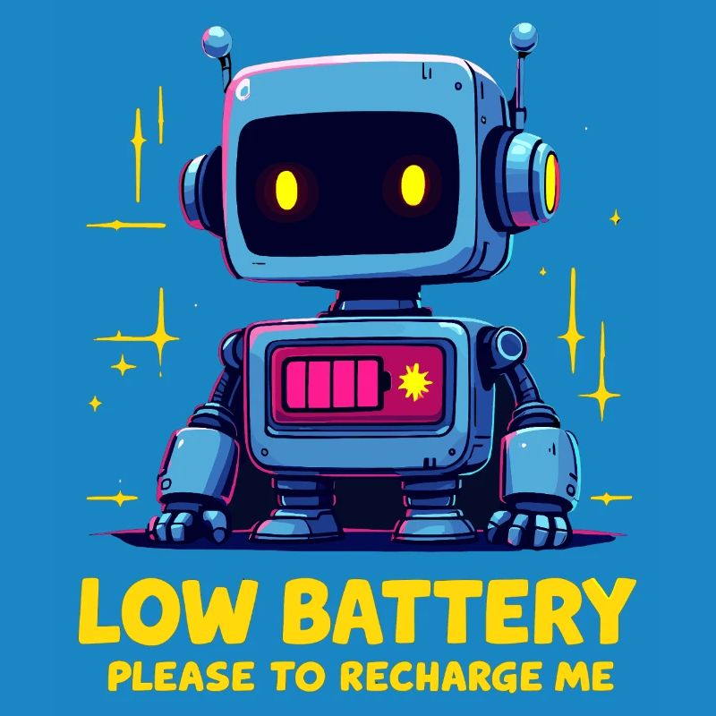 Futuristic Robot with Low Battery Message