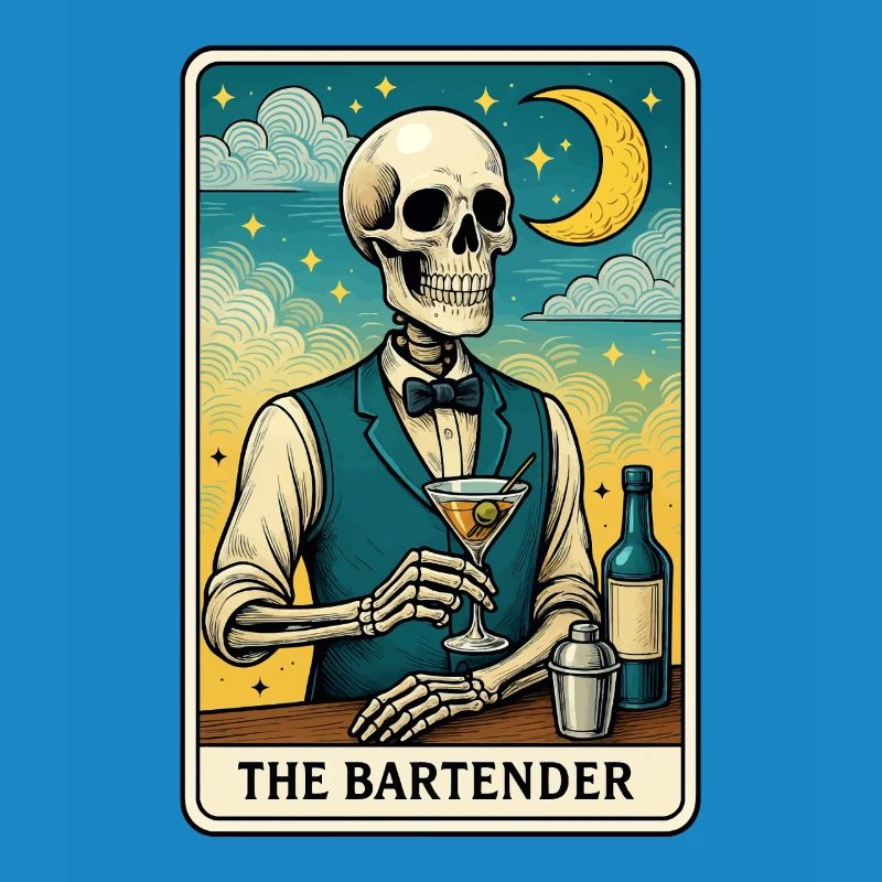 Skeleton bartender with moon sky