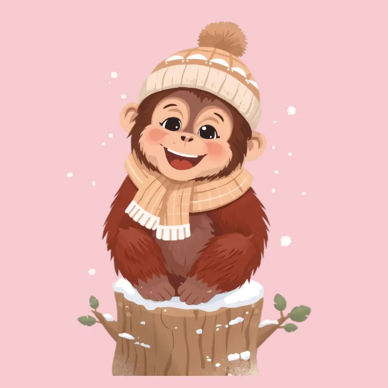 Winter monkey on tree stump