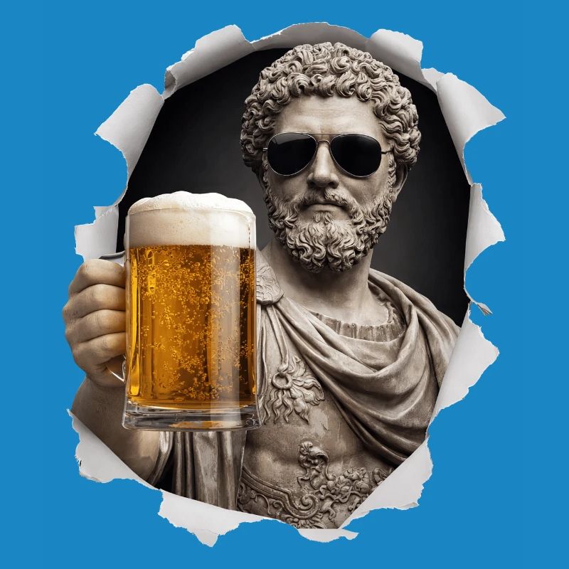 Marcus Aurelius mit Sonnenbrille und Bier