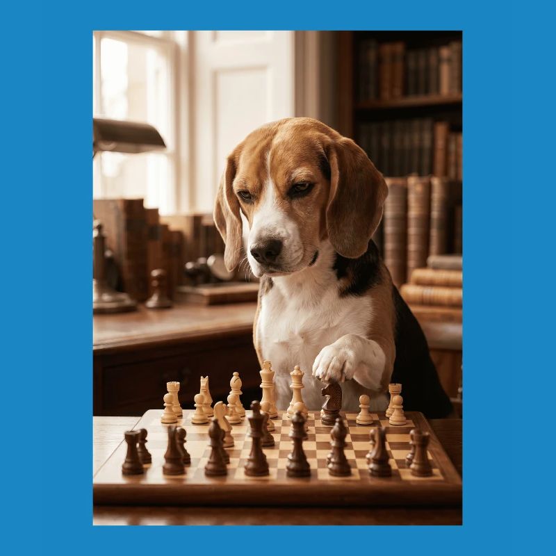 Beagle dog playing chess
