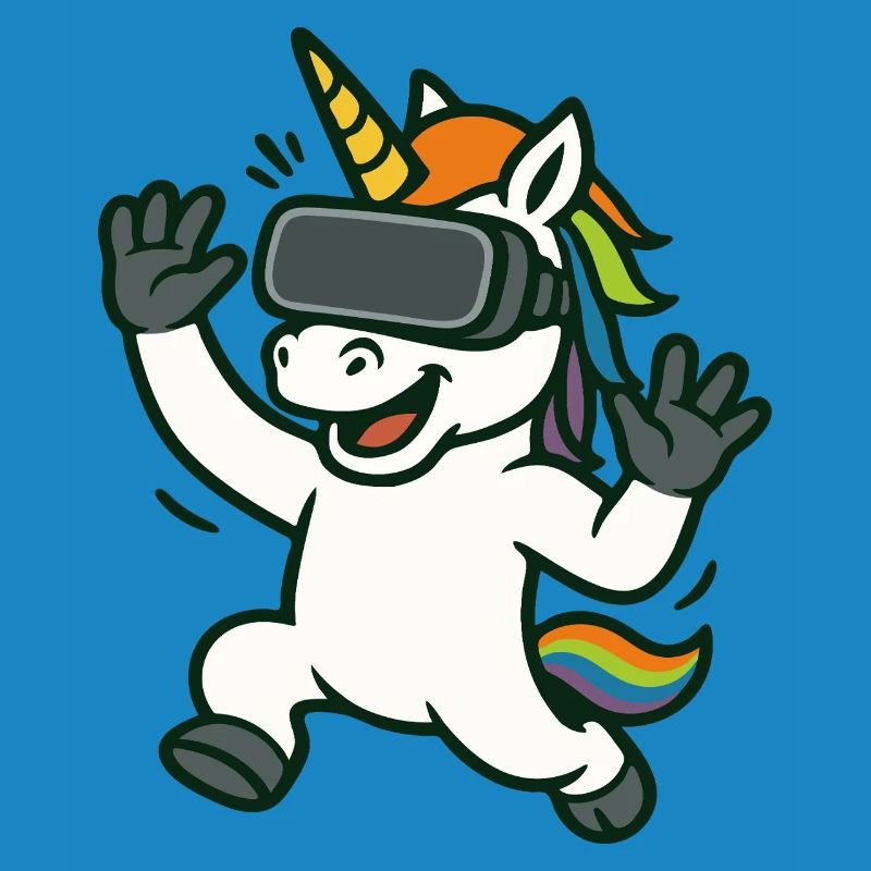 VR-Einhorn-Maskottchen mit Regenbogendetails