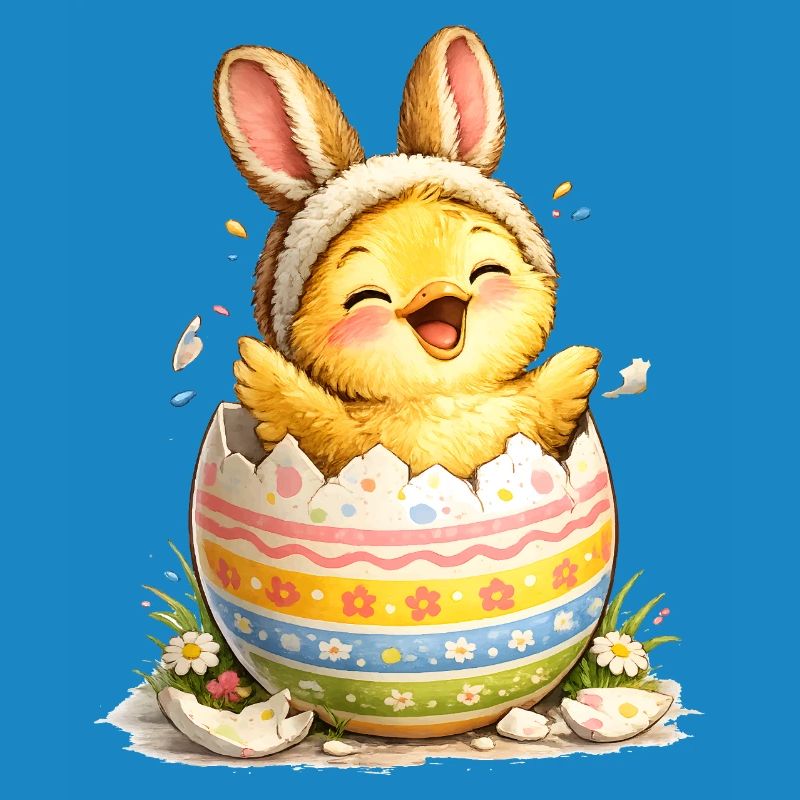 Chick with bunny ears in Easter egg