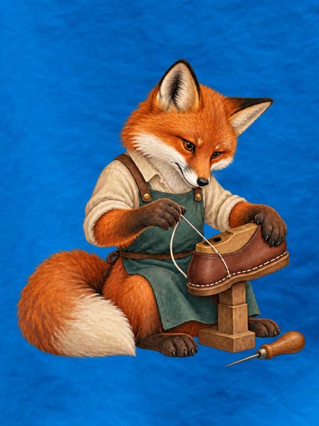 Fuchs näht eine Schuhsohle