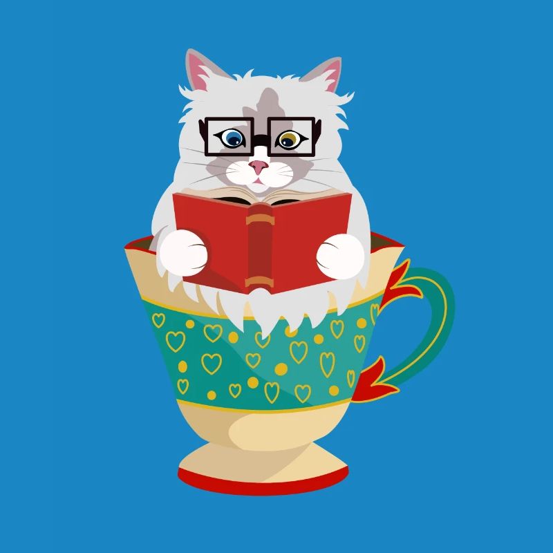 Niedliche Ragdoll-Katze, die ein Buch in einer Kaffeetasse liest