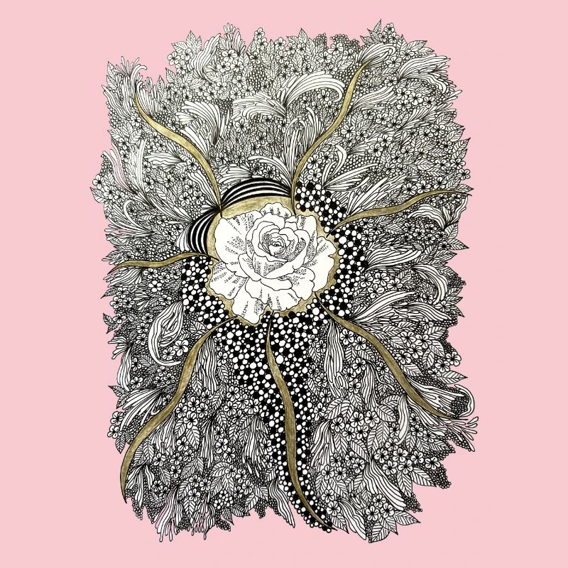Mandala de fleurs dorées avec accent de rose