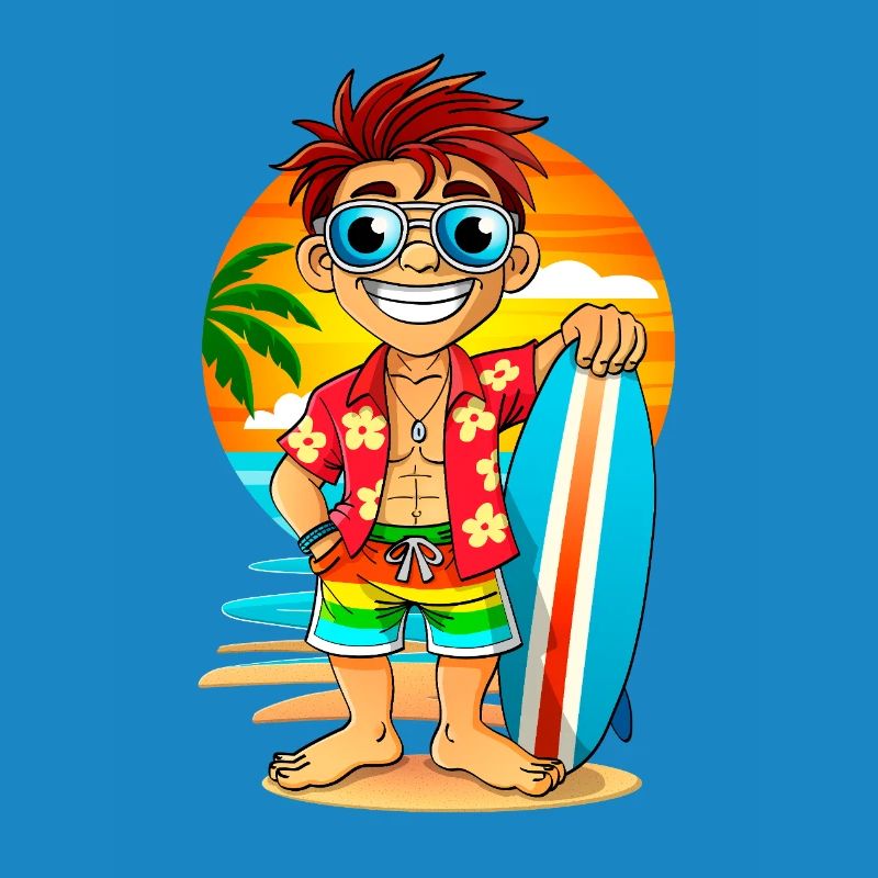 Cheerful Surfer with surfboard on the beach.
