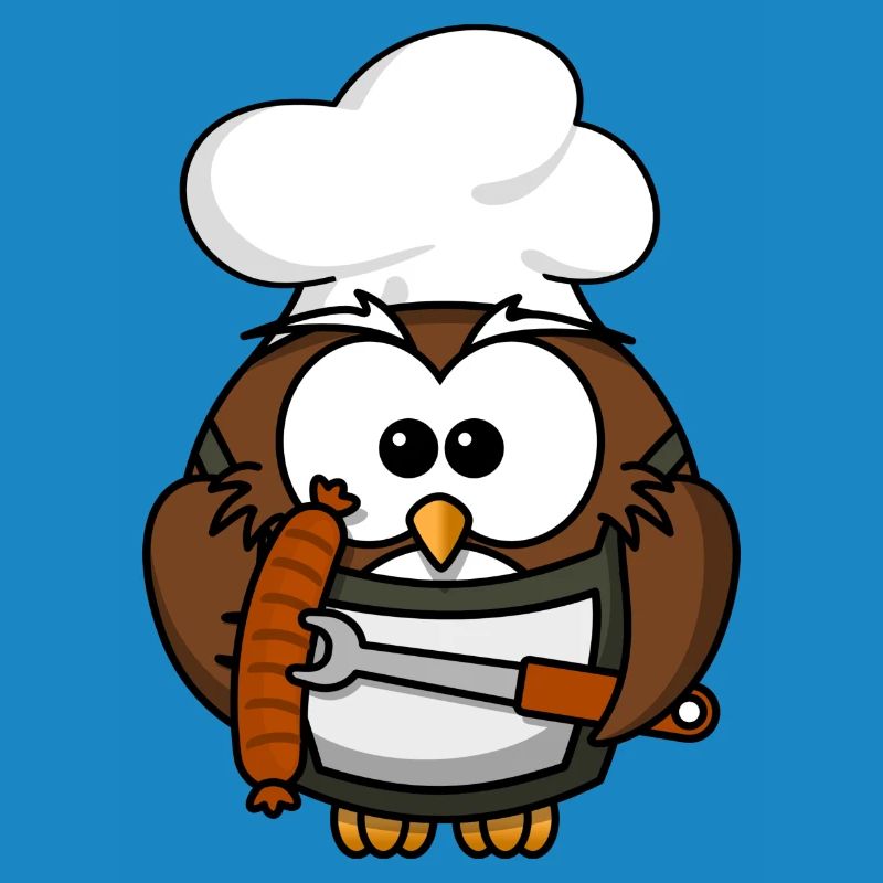 Eule am Grill mit Essen Comic Stil