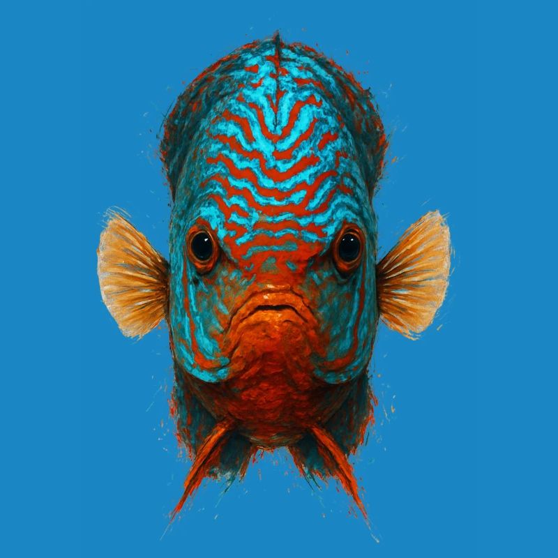 Blauer und oranger Diskusfisch mit intensiven Augen