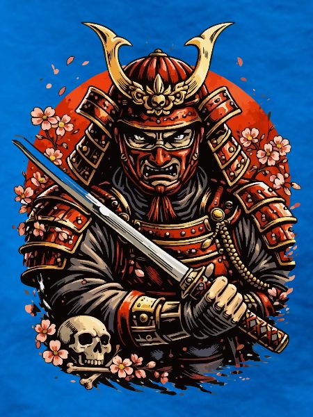 Samurai mit Kirschblüten und Schädel