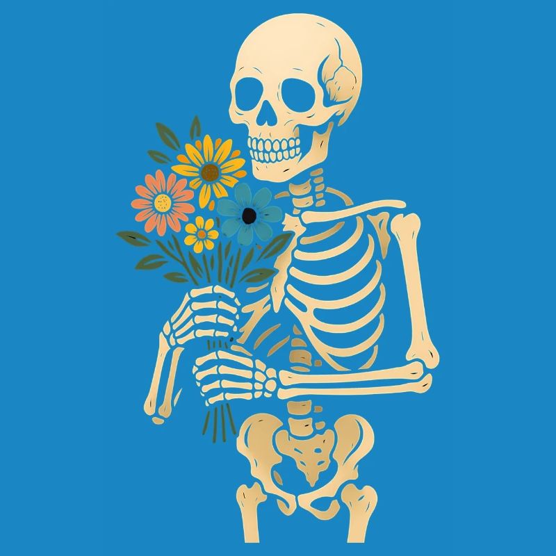 Squelette avec bouquet de fleurs