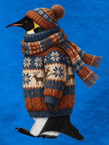 Pinguin im Strickpullover Winter Weihnachten