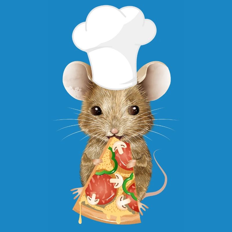 Maus als Pizzabäcker mit einem Stück Pizza