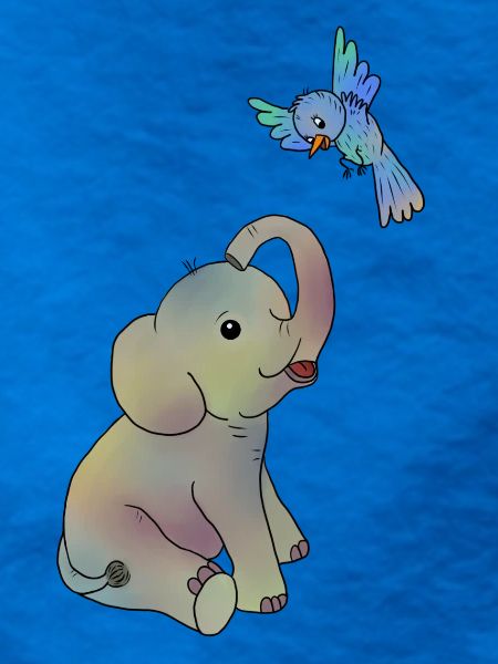 Elefant und blauer Vogel