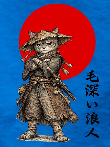 Katzen-Ronin-Samurai unter roter Sonne
