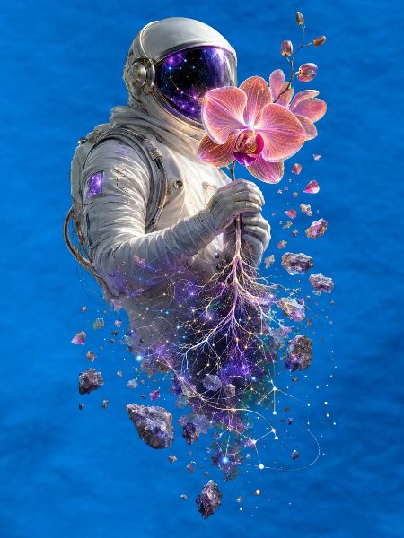 Kosmische Astronautin und Orchidee