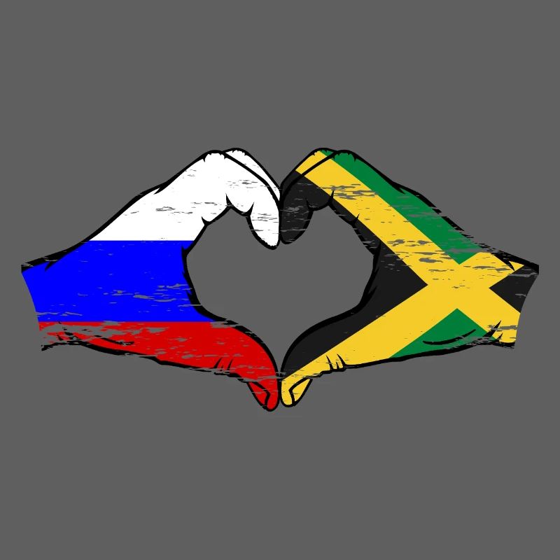 Russie Jamaïque drapeau mains forme de coeur utilisé