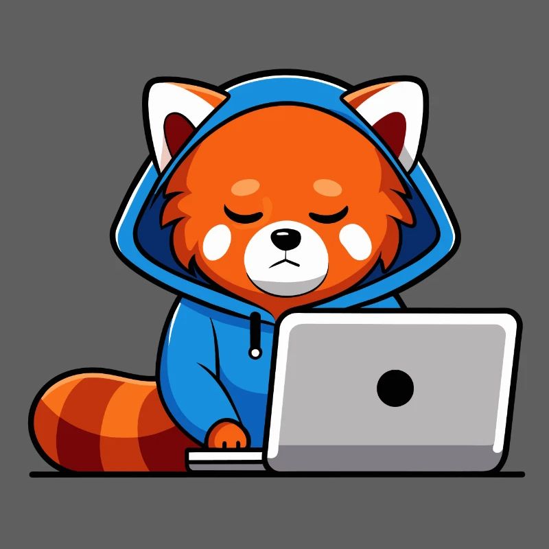 Mignon hacker panda roux en sweat à capuche devant PC