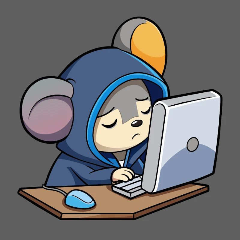Une souris pirate mignonne dort dans un sweat à capuche devant le PC