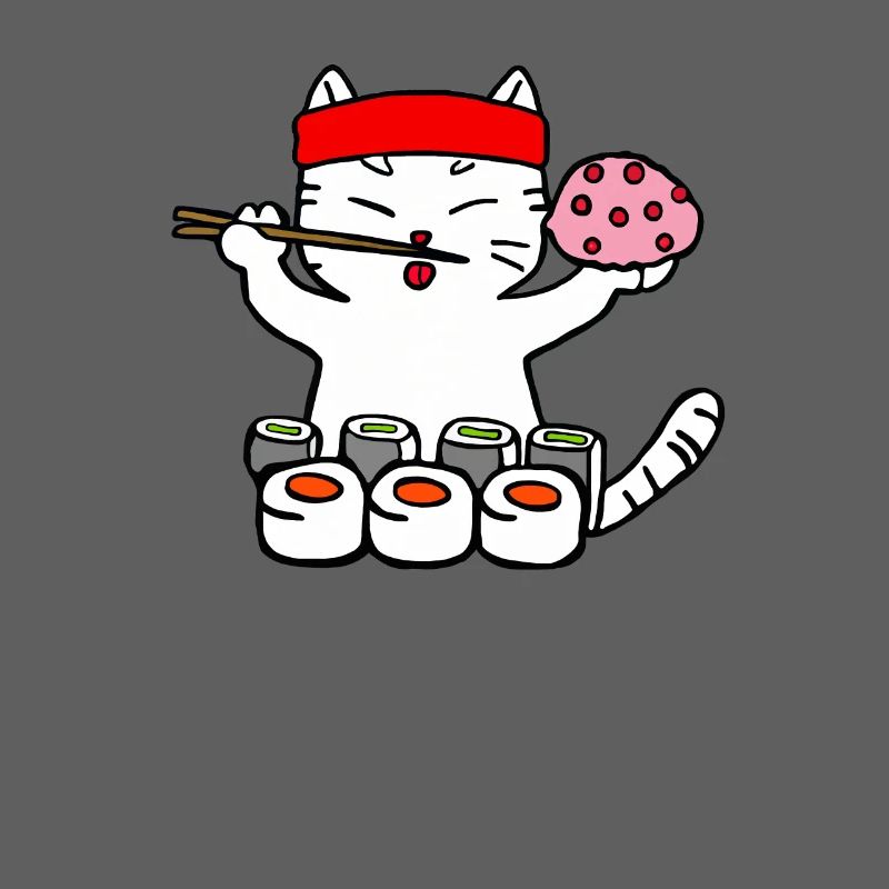 Cat eats sushi with chopsticks